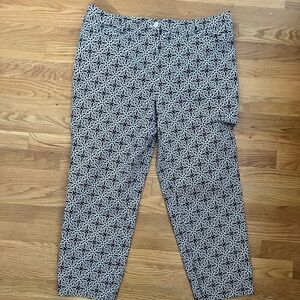 TALBOTS Chatham crop pants cotton tile print navy on tan pattern 16 EUC